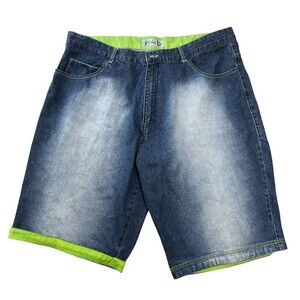 GodBody Men's Blue Jean Shorts Baggy Y2K Skater Streetwear Size 44 Lime Trim